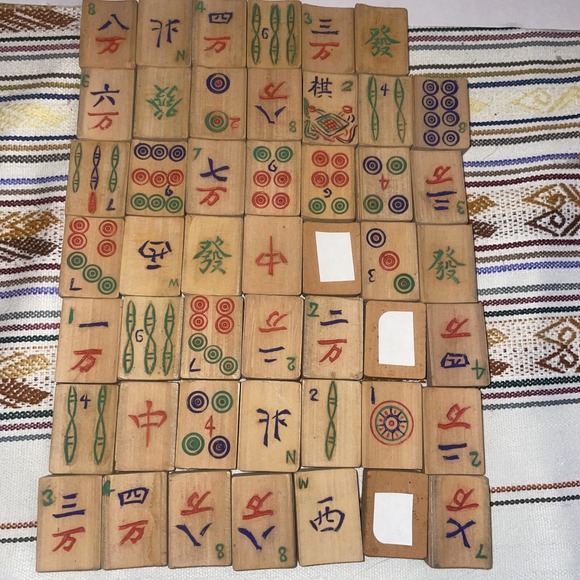 Antique Japanese Mah Jong Game 1920s Wood Tiles Bovine Dice Discs And Sticks - Picture 10 of 16